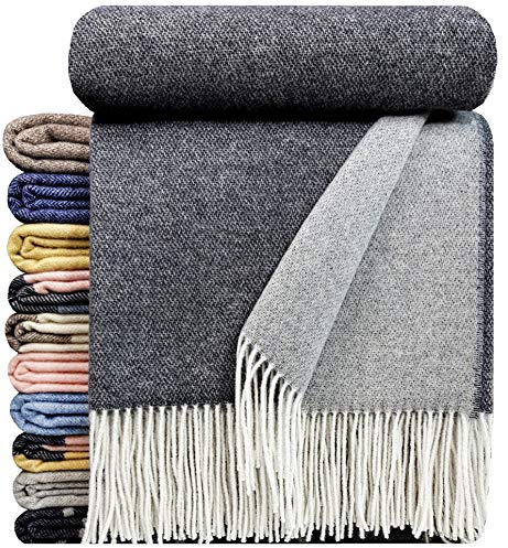STTS International Coperta in cashmere 100% lana merino – Cashmere – Mix 140 x 200 cm molto morbida plaid plaid (grigio scuro-grigio (double face)