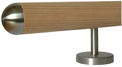 Pasamanos de alerce sin tratar de montaje (también apto para exteriores), diámetro de 42 mm, con soporte recto de acero inoxidable y diferentes topes.