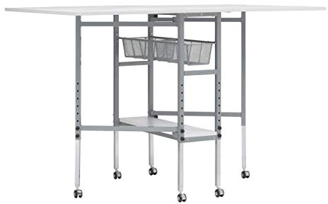 Sewing Online Quilting/Fabric Cutting Table, Grid Top with Silver Legs & Wheels - Justerbar höjd, hopfällbart hantverksbord med två nedfällbara skivor, mobilt, kompakt och lätt att förvara - 13386