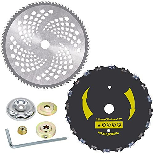 IRmm Lame de brosse à dents de tronçonneuse de 22,9 cm x 20 dents et lame de brosse à pointe en carbure de tungstène de 25,4 cm x 80 dents avec adaptateur pour cutter, tondeuse, désherbeur (arbre de