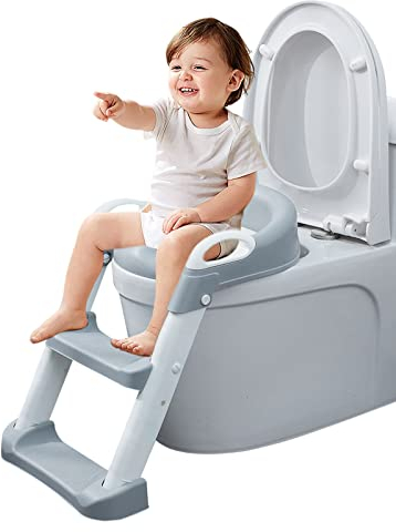 Barakara Kinder-Toilettensitz mit Leiter, rutschfest, faltbar und verstellbar, Toilettensitz für Babys mit Kissen, Griff, Rückenlehne, für Kinder von 1 – 10 Jahren, Toilettensitz für Kinder (grau)