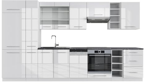 Vicco Küchenzeile Fame-Line, Weiß Hochglanz/Weiß, 355 cm | 12 Module · Höhenverstellbare Füße · Ohne Arbeitsplatte · MDF-Fronten · Softclose · Metallgriffe