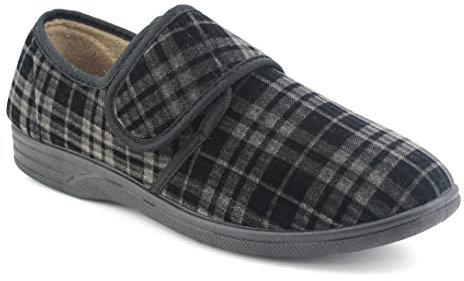 Dr Keller Mens Velour Check Faux Fur Lined Wide Opening Touch Fasten Slippers (9, Black, numeric_9)