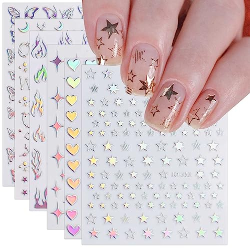 JMEOWIO Nagelsticker Aurora Holografisch 9 Blatt Nagelaufkleber Selbstklebend Herz-Flamme spielt Schmetterlings-Mond die Hauptrolle Nail Art Sticker Dekoration Nageldesign Zubehör