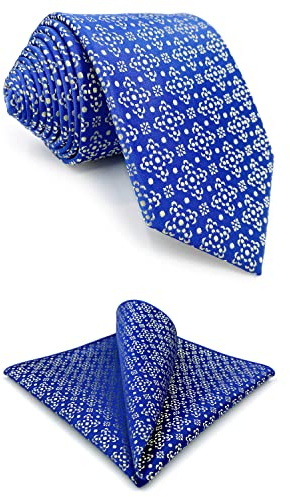 S&W SHLAX&WING Herren Krawatten Floral Blau Azurblau mit hellgelbem Krawattenset mit passendem Einstecktuch 147cm