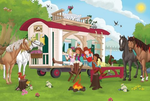 Schmidt Spiele 56463 Horse Club, Lagerfeuer am Wohnwagen, 100 Teile, mit Add-on (eine Original Figur Hannoveraner Fohlen) Kinderpuzzle