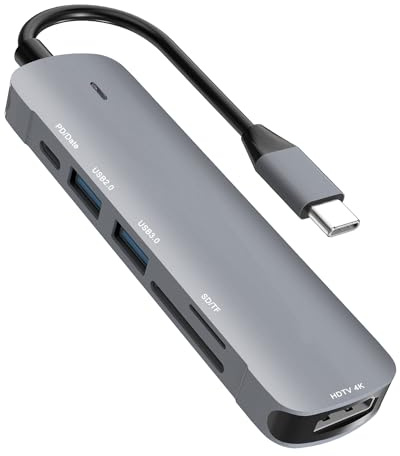 Hub USB C 6 en 1 Adaptador USB C a HDMI 4K, USB 3.0 Puertos ，USB 2.0, SD/TF Lector Tarjeta, Puerto de Carga Tipo C 100W, para Macbook,iPad, Switch, Teléfono Móvil y Más Dispositivo Type C