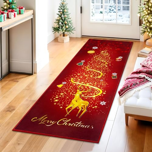 SHACOS Weihnachtsteppich Läufer Flur 60x180 cm Weihnachten Teppich Läufer rutschfest Weihnachtsläufer Küchenteppich Waschbar Teppichläufer Flur für Küche, Eingang, Wohnraum, Rot