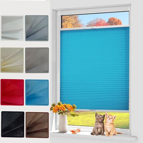 Plissee ohne Bohren Plisseerollo 35 x 200 cm Blickdicht Sichtschutz Sonnenschutz Faltrollo Blickdicht für Fenster & Tür, Blickdichtes Falt-Rollo, für Fenster & Tür, Blau