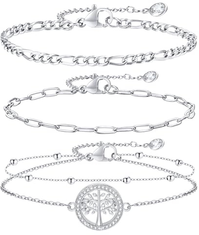 FLHEART 3 Stück Armband Damen Silber - Modeschmuck Silber Edelstahl Armband Damen mit Lebensbaum，Verstellbare 16+5cm, Armschmuck Armbänder Set Armkette Geschenke für Frauen Mädchen