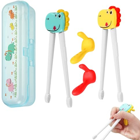 2 Paar Essstäbchen Hilfe für Kinder Erwachsene, Kinder-Essstäbchen, Essstäbchen-Assistent, wiederverwendbare Essstäbchen, rote und grüne Dinosaurierform, geeignet für Anfänger