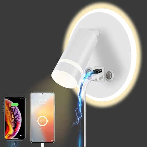 HUIZHOU Lámpara de lectura de LED montada en la pared toque 3 temperatura de color 12w puerto de carga USB 350 ° cama giratoria lámpara de lectura dormitorio de la (Blanco redondeado)