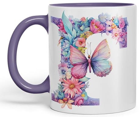 Vixar Taza con letra F, flores florales, mariposa, alfabeto, letra F, monograma, acuarela, taza de cerámica de colores, taza para té, café, café caliente, 330 ml, regalo (morado)