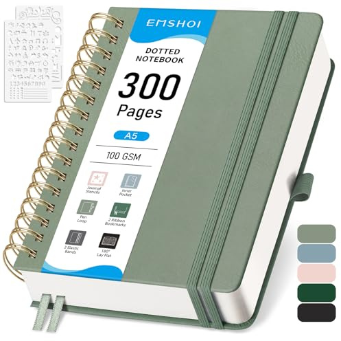 EMSHOI A5 Dotted Notebook, Spiral Notepad 150 Sheets/300 Pages, 100gsm, HardCover, Stencils, Pocket, Pen Loop, Ruler, Bookmark, Bullet Dot Grid Journal for Women Men Writing, 14.5 x 21cm, Sage Green