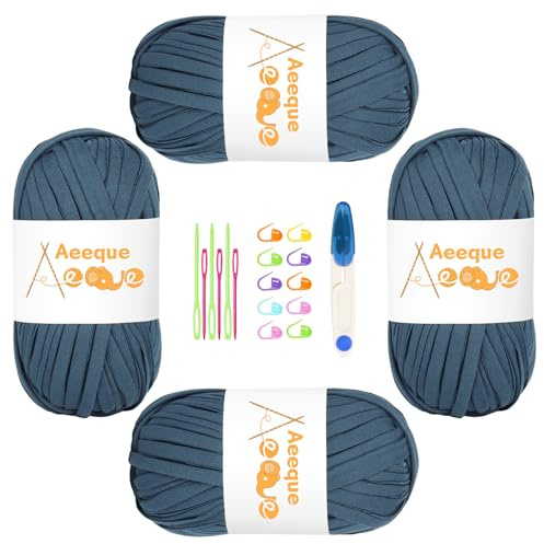 Aeeque Fil textile pour t-shirt, fil à crochet, fil à ruban, paniers, sacs, fil épais, 4 x 100 g, bleu cowboy