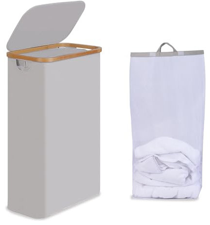efluky Wäschekorb mit Deckel 75L, Schmal Wäschekorb mit Waschbarer Innentasche, Hellgrau Wäschebehälter mit Bambusgriffen, Faltbare Wäschekörbe für Waschküche, Schlafzimmer, Badezimmer