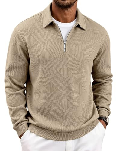 MakingDa Men's Knitted Polo Shirt Long Sleeve Retro Jacquard Smart Casual Zip-up Neck Knitwear Top