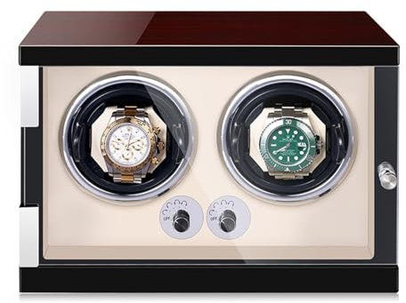 PAHION Doppel Automatischer Uhrenbeweger Watch Winder Box Drehen Uhren Aufbewahrungskoffer Mit LED-Licht Leisem Teleskop Uhrenkissen Mabuchi Motor(Beige PU)