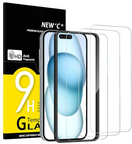 NEW'C 3 Pack Designed for iPhone 16, iPhone 15 Screen Protector (6.1 inches),Enhanced Tempered Glass Protection with easy installation tool included,Case Friendly Ultra Resistant
