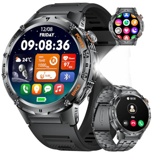HIRREO Montre Connectée Homme pour Android iOS avec Appel Bluetooth 1,43 AMOLED Rond Smartwatch 530 mAh Noir Acier, Lampe de Poche LED, Santé Moniteur, 100+ Sports