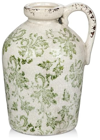 Hohe 23cm Rustikale Keramikvase mit Griffen Grün und Weiße Tischvase aus Keramik Blumenvasen für Deko Wohnzimmer Home Office, Vase für Pampasgras, Rustikales Antikes Dekor