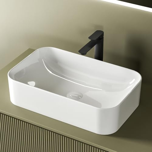 EMKE Rechteckiges Aufsatzwaschbecken, 61 x 38 x 15 cm, Waschbecken für Toiletten, Keramik, Weiß