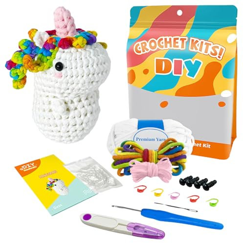 LetCart Häkeln für Anfänger mit Anleitung, Häkelsets für Anfänger, Strickset, Weiches Garn, Eisstreifenlinie, Geschenk zum Geburtstag, Schritt-für-Schritt Videoanleitung (Regenbogen Einhorn)