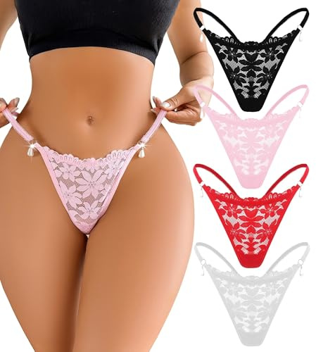 FULLJOYLOVE Thong for Women Lace French Panties Sexy G String Thongs T Back Stretchy Panties Thong Hipster Bikini Briefs 4 Pack Black White Red Pink M