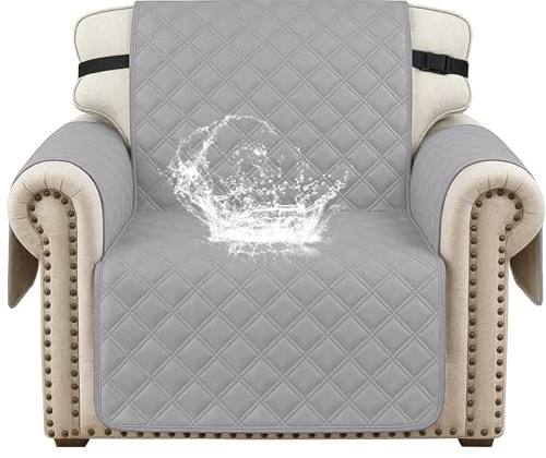 YSTELLAA 100% Wasserdicht Sesselhusse 1 Sitzer, Sofabezug rutschfest, Gesteppte Sofaüberzug Mit Seitentaschen, Couchschoner, Couch Überzug Kratzfest Für Haustiere Hunde Katzen, Hellgrau