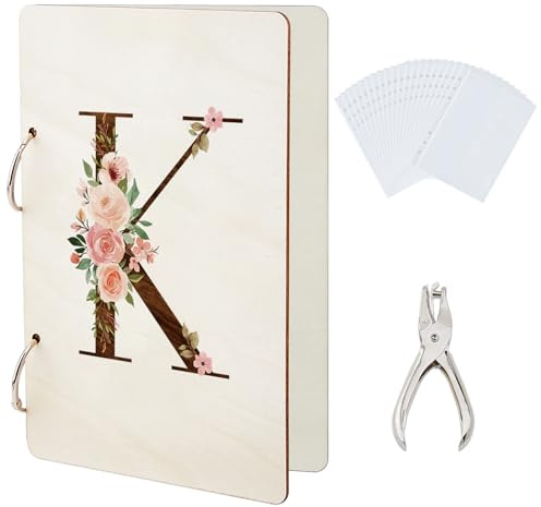 SUPERDANT Letter K Greeting Card Organizer Flowers Planning Book Postcard Keeper Birthday Wooden Cards Binder Photo Album Cover with Punch and 20pcs Inner Pockets Personalized Gifts
