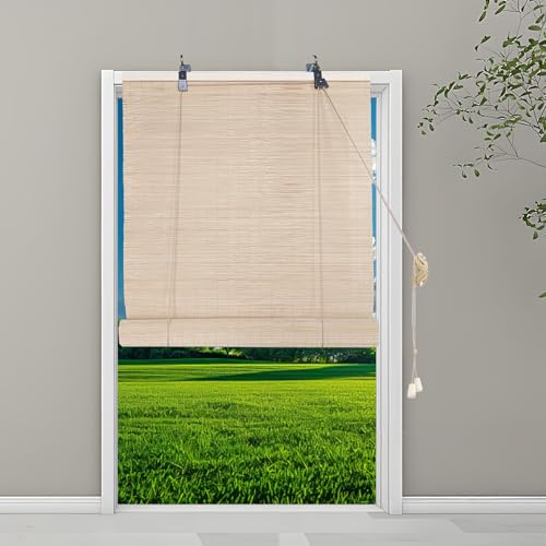 Bambusrollo Ohne Bohren 50x200cm, Bambus Raffrollo Natürliche Bamboo Blinds mit Lifter für Fenster Balkon, A-2