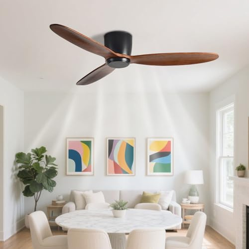 IBalody Low Profile Ceiling Fan Without Lights Flush Mount 52in Ceiling Fans With Remote Control Walnut Wood Black Ceiling Fan No Light 6 Speeds, 3 Wood Blades For Bedroom Living Room Dining Room