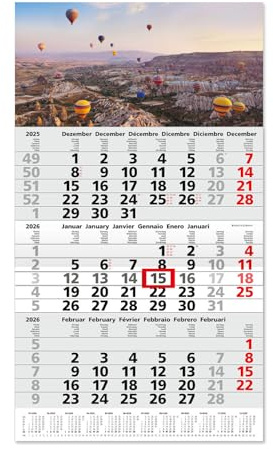 Timr 3-Monatskalender 2026 Jahresübersicht - 53 cm - International mehrsprachig D/GB/F/I/E/NL - Wandkalender mit Schieber - Motiv Ballonfahrt I tr350