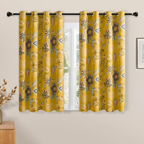 XiDi Senfgelbe Blumen-Verdunkelungsvorhänge mit Thermo-Isolierung & Schallschutz – Botanikdruck Landhaus-Design, 137cm Länge, 2-TLG. Set für Schlafzimmer (132x137cm)