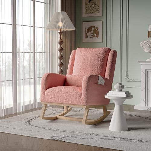 MIOOSUT - Poltrona basculante, sedia per l'allattamento, sedia con braccioli, con gambe in legno massello, velluto tipo peluche, per soggiorno, camera da letto, balcone (peluche tipo teddy, rosa)