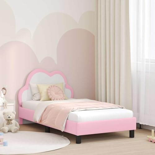 Tonture Barnsängram med sänggavel, rosa, 80 x 160 cm, PU-läder, modern design, stabil träkonstruktion, plattformssäng, sovrumsmöbler för barn, hållbar, enkel montering