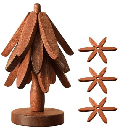 Dessous De Plat en Bois pour Chaude avec Support, Lot De 4 Arbre Dessous De Plat en Bois, Arbre Design Tapis De Casserole Chaud, Tapis Pliable Résistant À La Chaleur pour Théière, Poêle, Bol