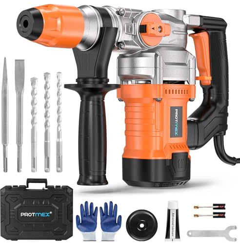 Protmex Hammer Drill - 1500W SDS Plus Heavy Duty Rotary Hammer Drills | 3 in 1 Function (Drill/Hammer/Chisel) 1-1/4 Concrete Drills with 5pcs Bits for Brick Walls, Concrete, Construction