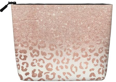 Rose Gold Glitter Makeup Bag Large Capacity Fake Hemp, Portable Zippered Case Water Resistant Toiletry Pouch