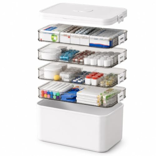 GOOGO Grande scatola medicinali a 4 livelli, organizer portatile con più cassetti e maniglia, contenitore multifunzione per farmacia domestica, cura e ufficio (bianco)