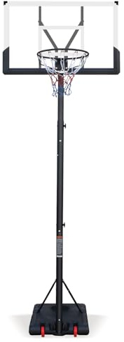Basketkorg med stativ, justerbar höjd 173–305 cm svart/vit – mobilt basketstativ med PVC-bakbräda och väderbeständigt nät, fyllbar bas, utomhus för trädgård och skola
