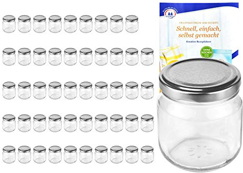 MamboCat 50er Set Rundgläser 212 ml nieder Deckelfarbe Silber to 66 inkl. Diamant Gelierzauber Rezeptheft, Marmeladengläser, Einmachgläser, Einweckgläser, Gläser