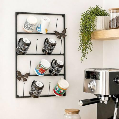 DanDiBo Tassenhalter Wand Tassenregal Tassenständer 14 Haken Schwarz Metall 93850 Tassen Regal Organizer Aufbewahrung Kaffeetassen Regal