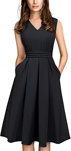 HOMEYEE Damen Vintage 50er Ärmellos Cocktail Retro mit Pocket Flared Kleid A196