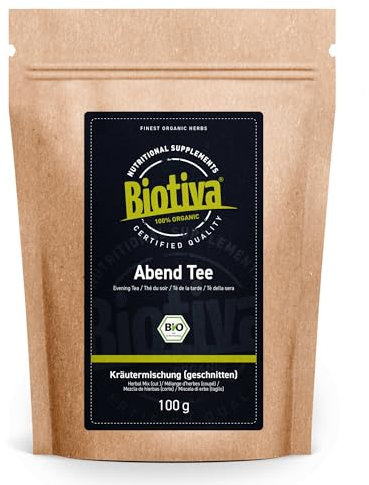 Thé du soir bio 100g - coupe - tisane - mélisse, feuilles de mûres, citronnelle, camomille, racine de valériane, fleurs de houblon, fleurs de conefleur et pétales de rose- Biotiva