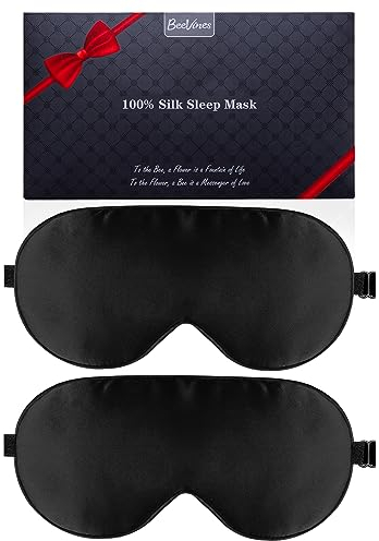 BeeVines Sovmask, 2-pack 100% äkta, Naturligt, rent silkesögonmask för sömn, viktad ögonmask med justerbart band, ögonbindel för sömn, blockerar ljus, skugga för ögonen (02 Svart & Svart)