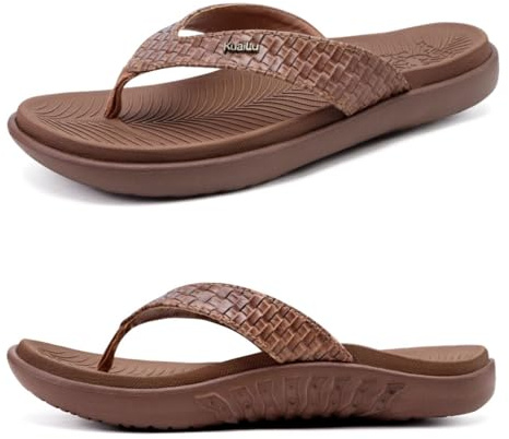 KuaiLu Womens Flip Flops Ladies Yoga Mat Comfortable Walking Thong Sandals with Plantar Fasciitis Arch Support Slip On Indoor Outdoor for Summer, Brown Size 6