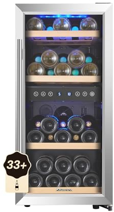 Kalamera KRC-33BSS Vinoteca, dos Zonas Vino temperier Armario, 5 – 10 °C/10 – 18 °C, 33 Botellas,100 L, acero inoxidable Puerta de Cristal, compresor, independiente