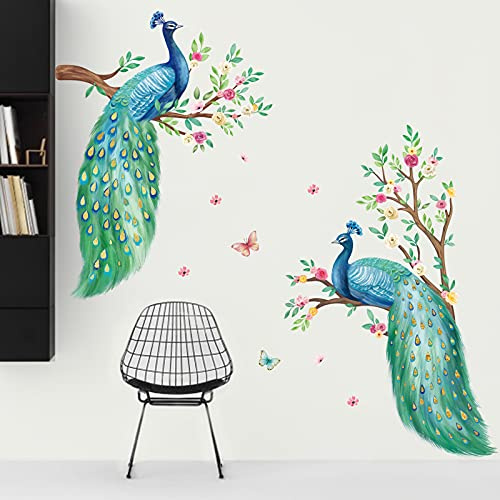 decalmile Stickers Muraux Paon Autocollant Mural Fleurs Branche d'arbre Décoration Murale Salon Chambre Bureau TV Mur