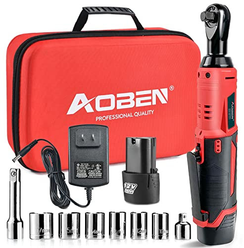 AOBEN Juego de llaves de carraca eléctricas de 3/8 pulgadas y 12 V con 1 batería de iones de litio de 2000 mAh y cargador